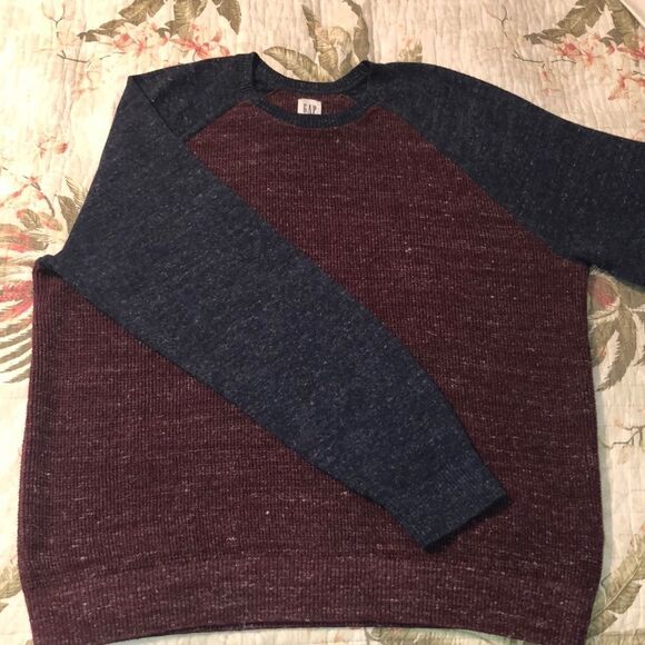 GAP XL Waffle Knit Color Block Burgundy Navy Heathered Crewneck Thermal - Picture 5 of 12